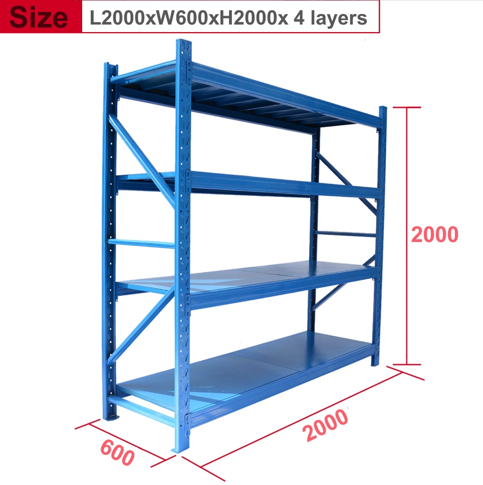 Sturdy and Adjustable 4-Layer Solid Steel Decking with 250/500KG Load Capacity per Layer - Heavy Duty Storage Rack for Various Settings Like Garage, Warehouse and Supermarket Storage – Powder Coated Metal Storage Shelf Rack (L2000 x W600 x H2000mm)