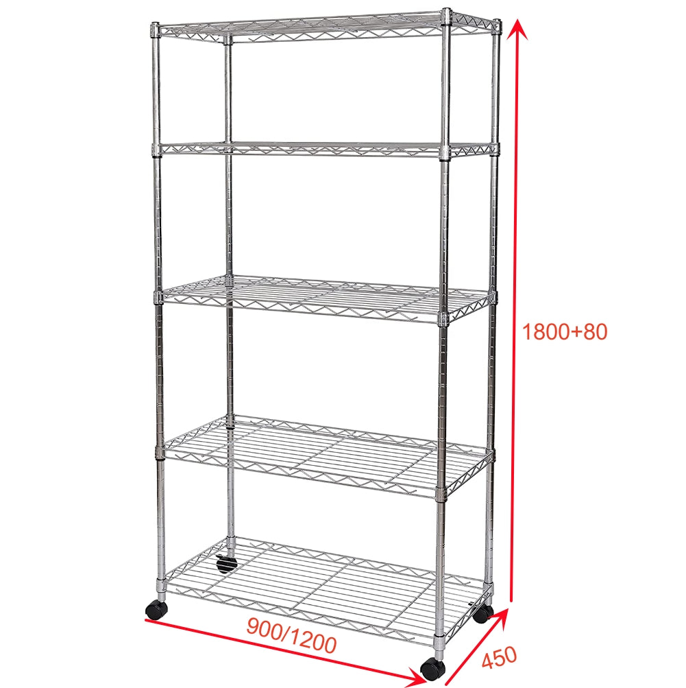 Adjustable 5-Layer Wire Shelving Unit with 250KG Load Capacity per Layer - Heavy Duty Storage Rack for Garage, Home, and Commercial Use - Chrome Plated Metal Wire Shelf Rack (L900/1200 x W450 x H1800mm)