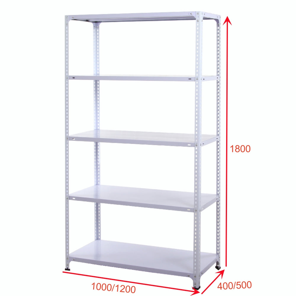 Adjustable 5-Layer Solid Steel Decking with 100KG Load Capacity per Layer - Light Duty Storage Rack for Garage, Home, Warehouse and Supermarket Storage – Powder Coated Metal Storage Shelf Rack (L1000/1200 x W400/500 x H1800mm)