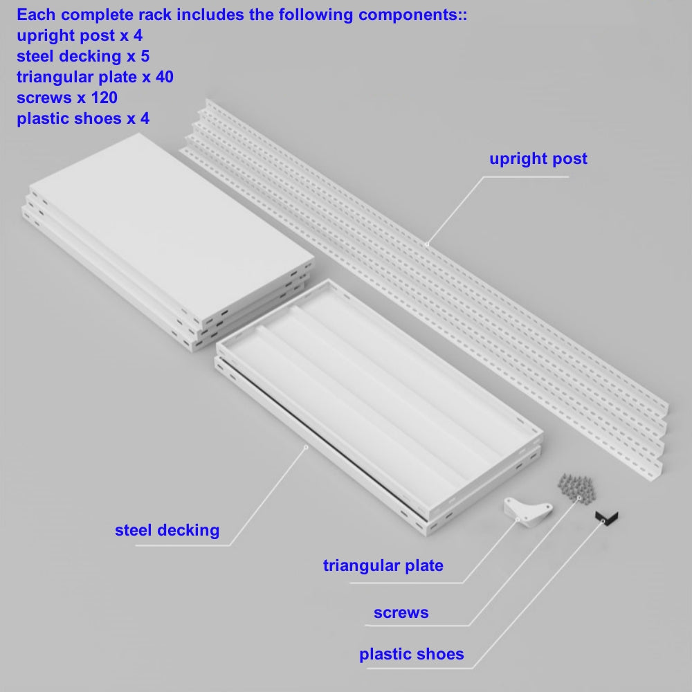 Adjustable 5-Layer Solid Steel Decking with 100KG Load Capacity per Layer - Light Duty Storage Rack for Garage, Home, Warehouse and Supermarket Storage – Powder Coated Metal Storage Shelf Rack (L1000/1200 x W400/500 x H1800mm)